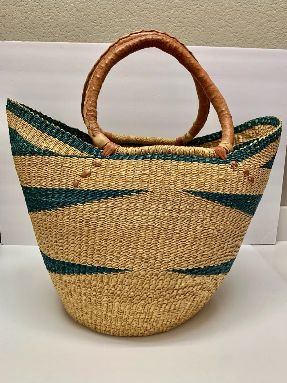 Handwoven Bolga Market Basket with Leather Wrapped Handles Large U Shopper